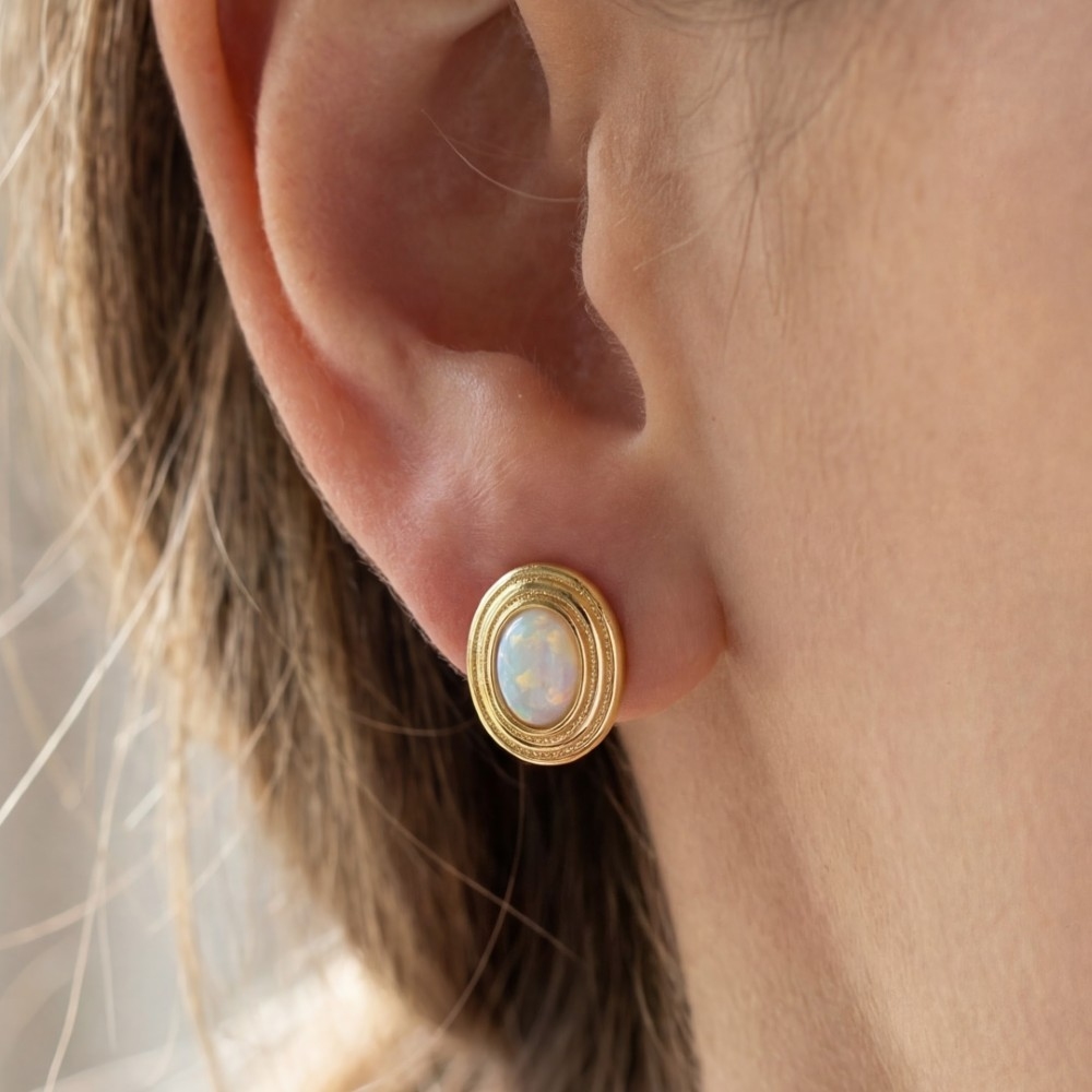 Gold Dipped Vintage Oval Opal Stud Earrings