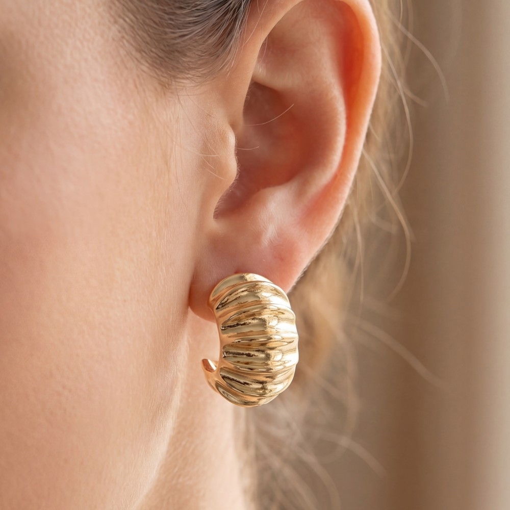 Chunky Ribbed Wide Band Dome Hoop Earrings