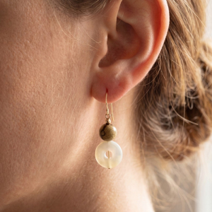 Stone Bead Mother Of Pearl Disc Drop Earrings