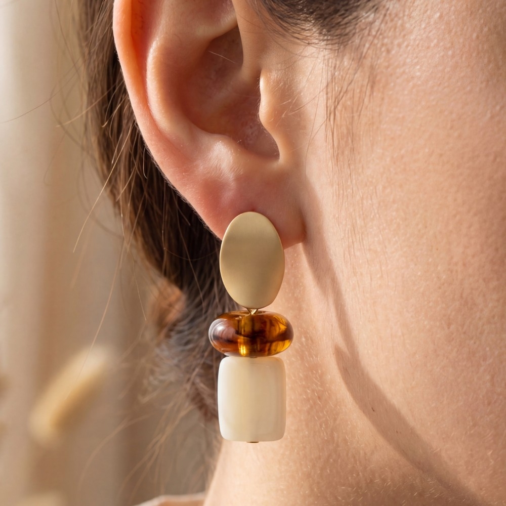 Ivory Resin Amber Bead Shell Drop Earrings