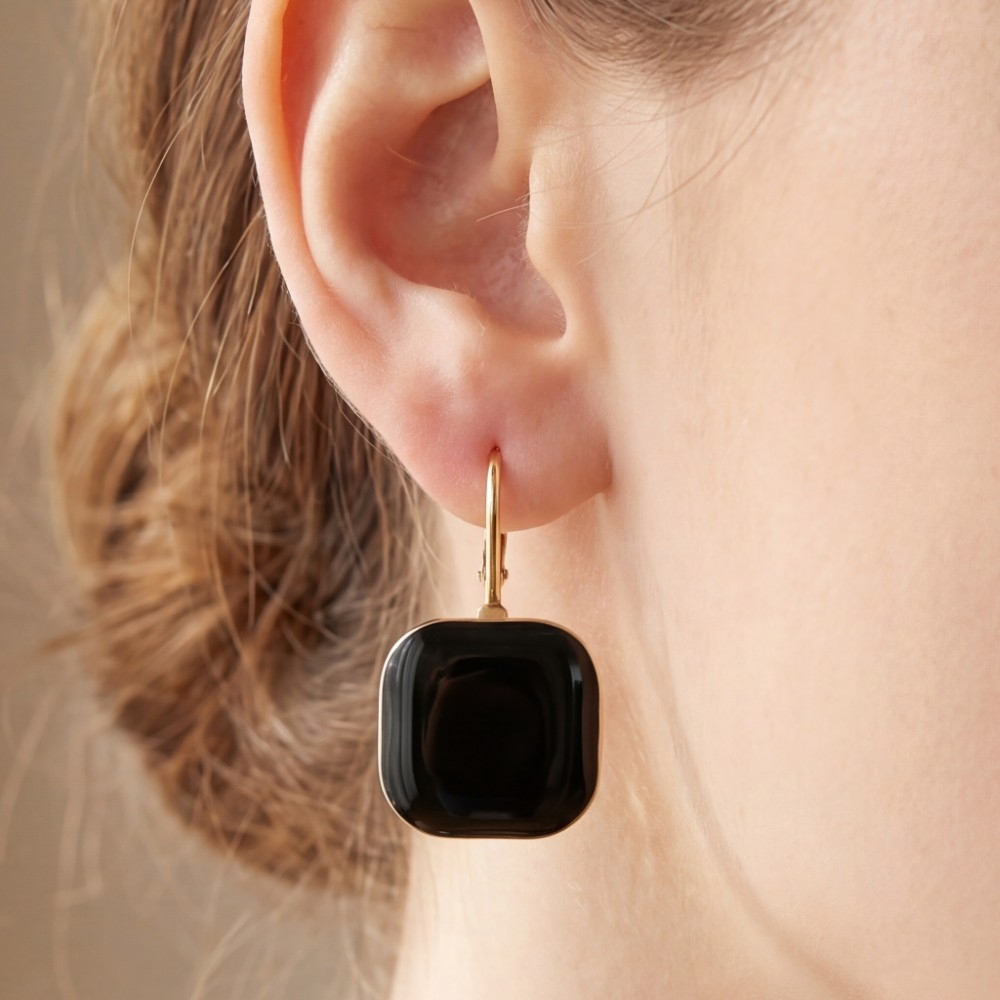 Gold Black Onyx Square Leverback Earrings
