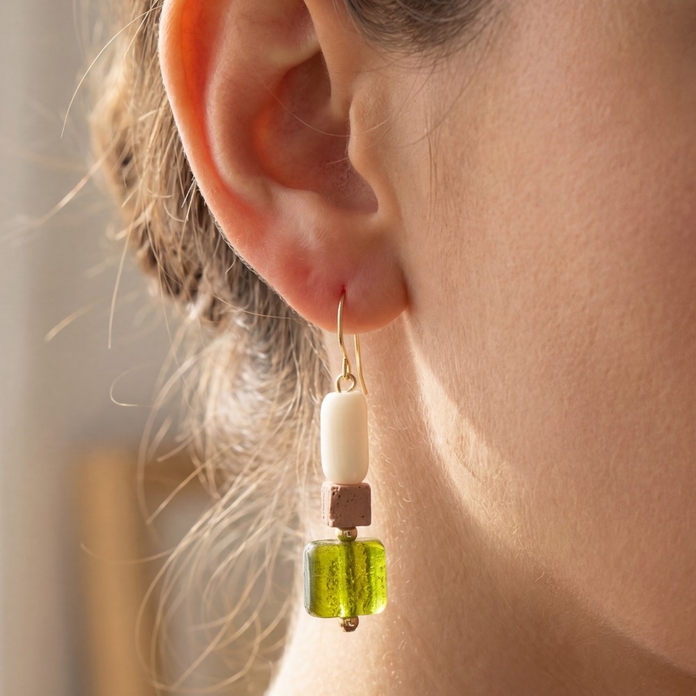 Pearl Lava Bead Amber Glass Drop Earrings