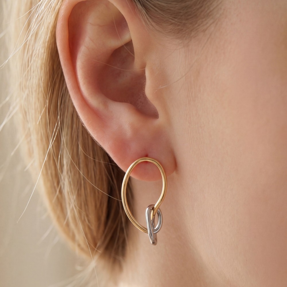 Two Tone Linked Circle & Oval Ring Drop Earrings