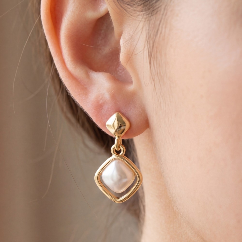 Square Pearl In Diamond Frame Drop Earrings