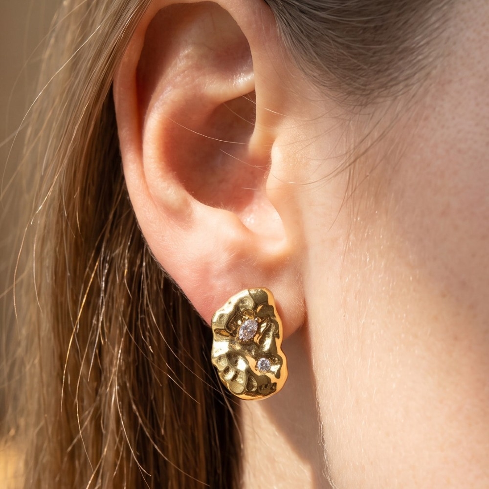 Hammered Nugget Stud Earrings With Cz Accent