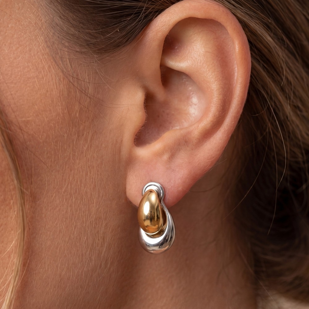 Two Tone Double Teardrop Stud Earrings