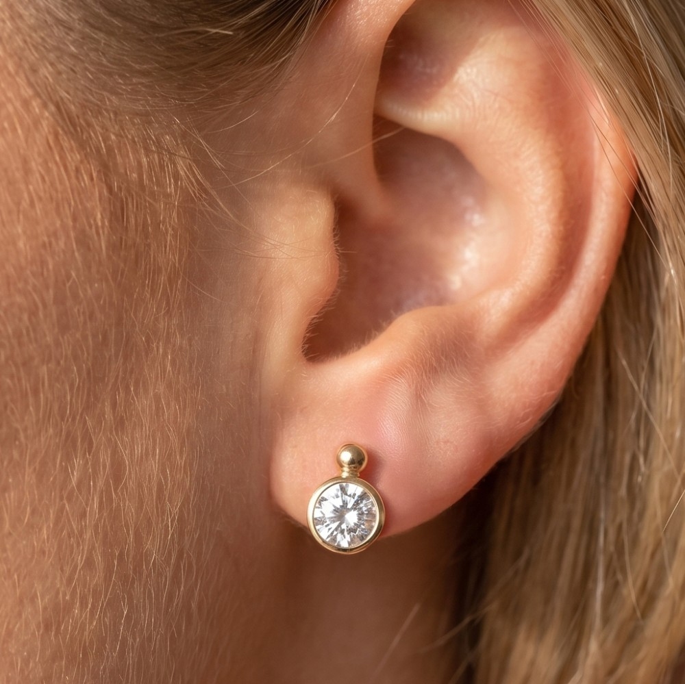 Round Cz Bezel Ball Top Stud Earrings