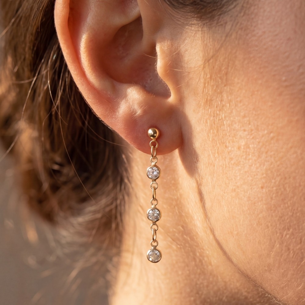 Triple Cz Station Chain Drop Earrings