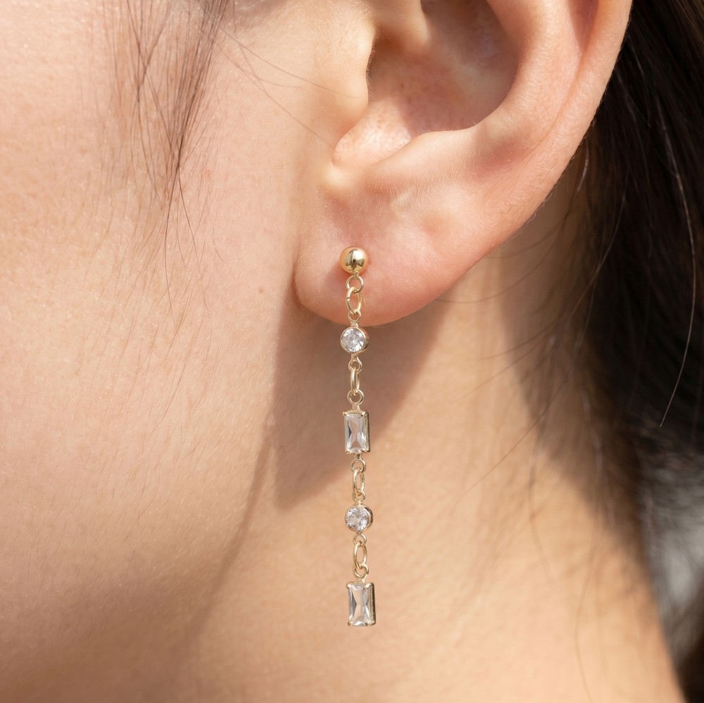 Mixed Round & Baguette Cz Chain Drop Earrings
