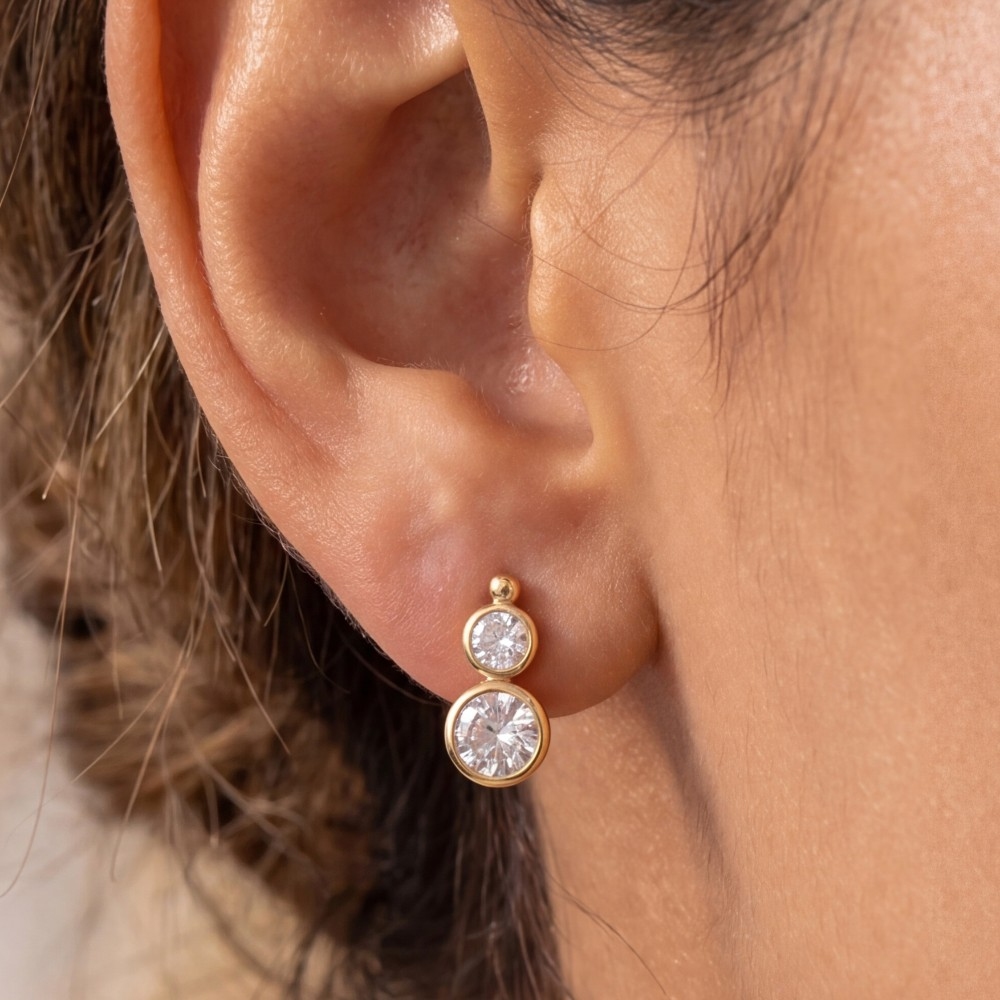 Double Round Bezel Cz Drop Earrings