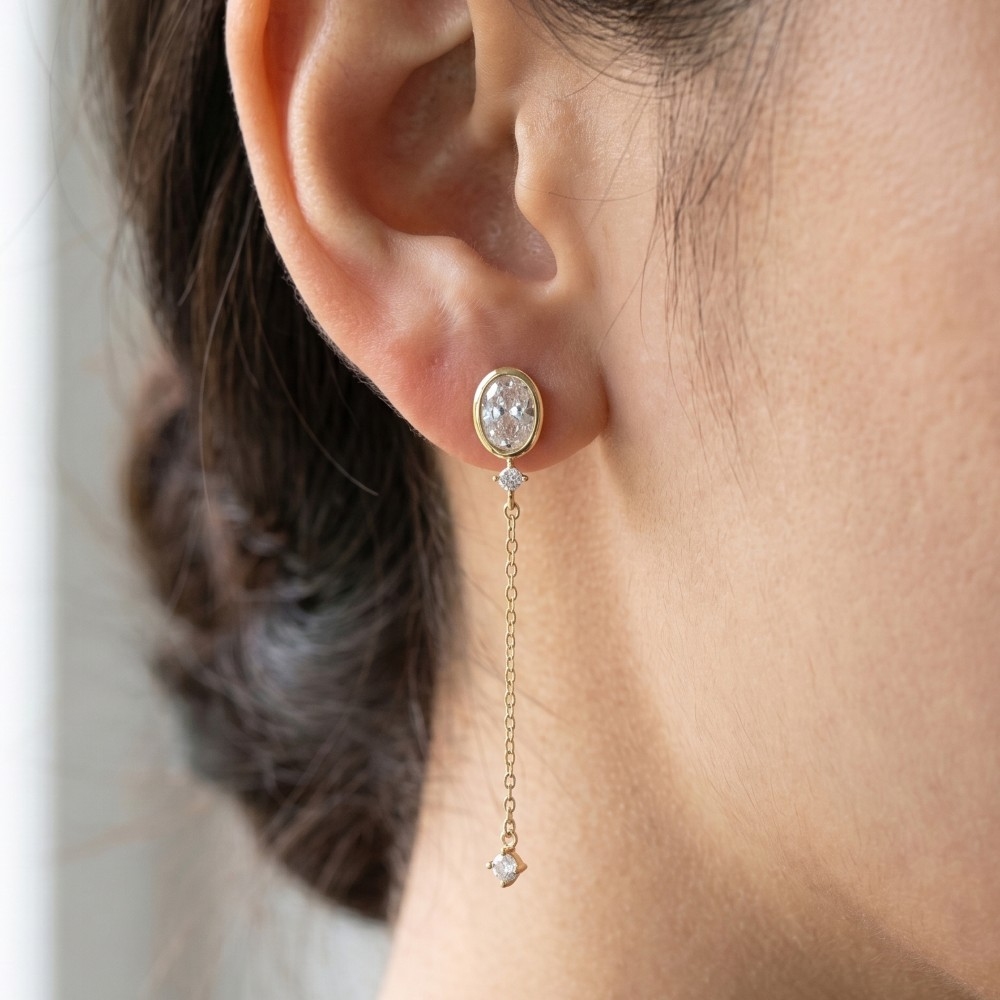 Oval Cz Bezel Stud With Long Chain Tassel Drop Earrings