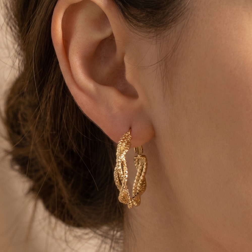 Faceted Beaded Twisted Double-Strand Large Hoop Earrings