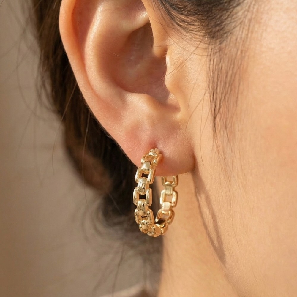 Gold Chain Link Textured Hoop Earrings