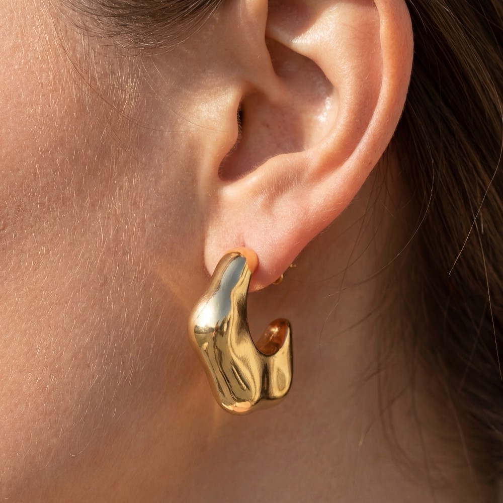 Gold Hammered Abstract Chunky Hoop Earrings