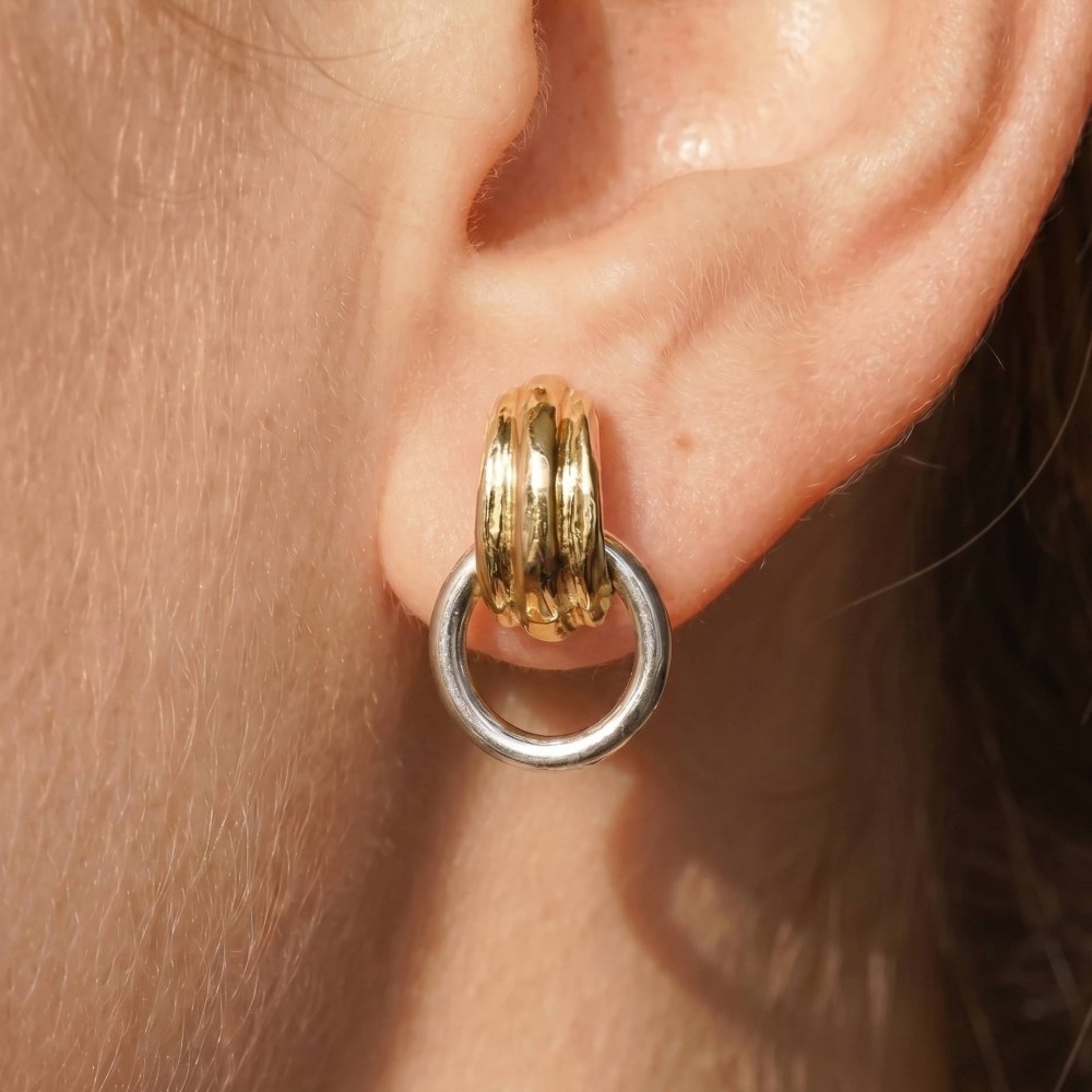 Two-Tone Ribbed Tube Stud With Open Ring Drop Earrings