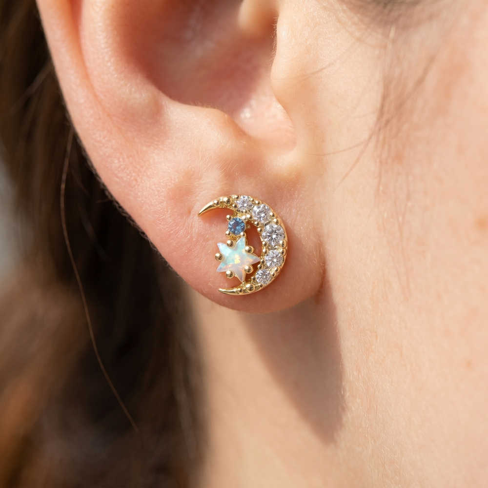 Cz Crescent Moon Star Cluster Stud Earrings