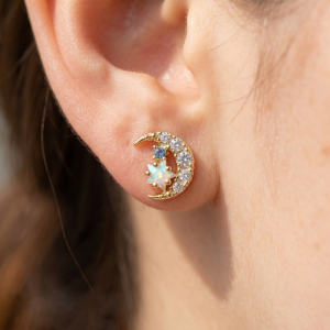 Gold Cz Crescent Moon And Star Stud Earrings