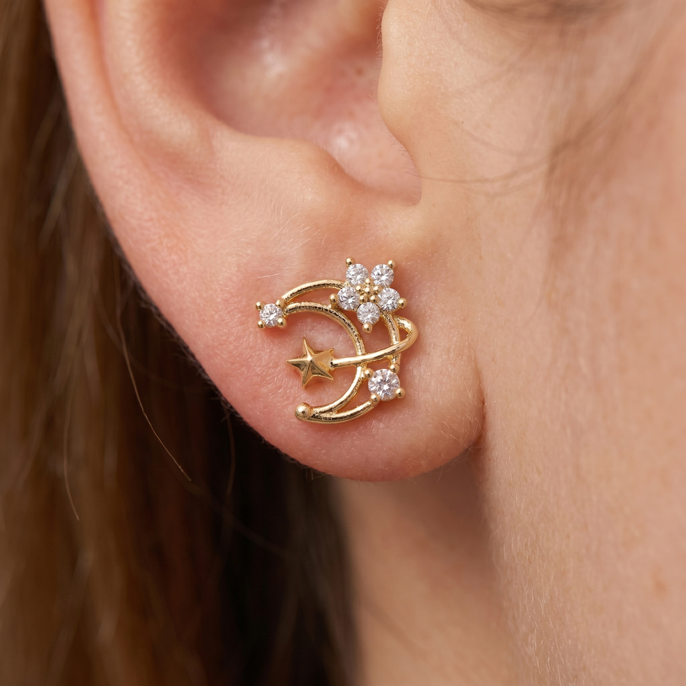 Cz Double Crescent Moon Flower Stud Earrings