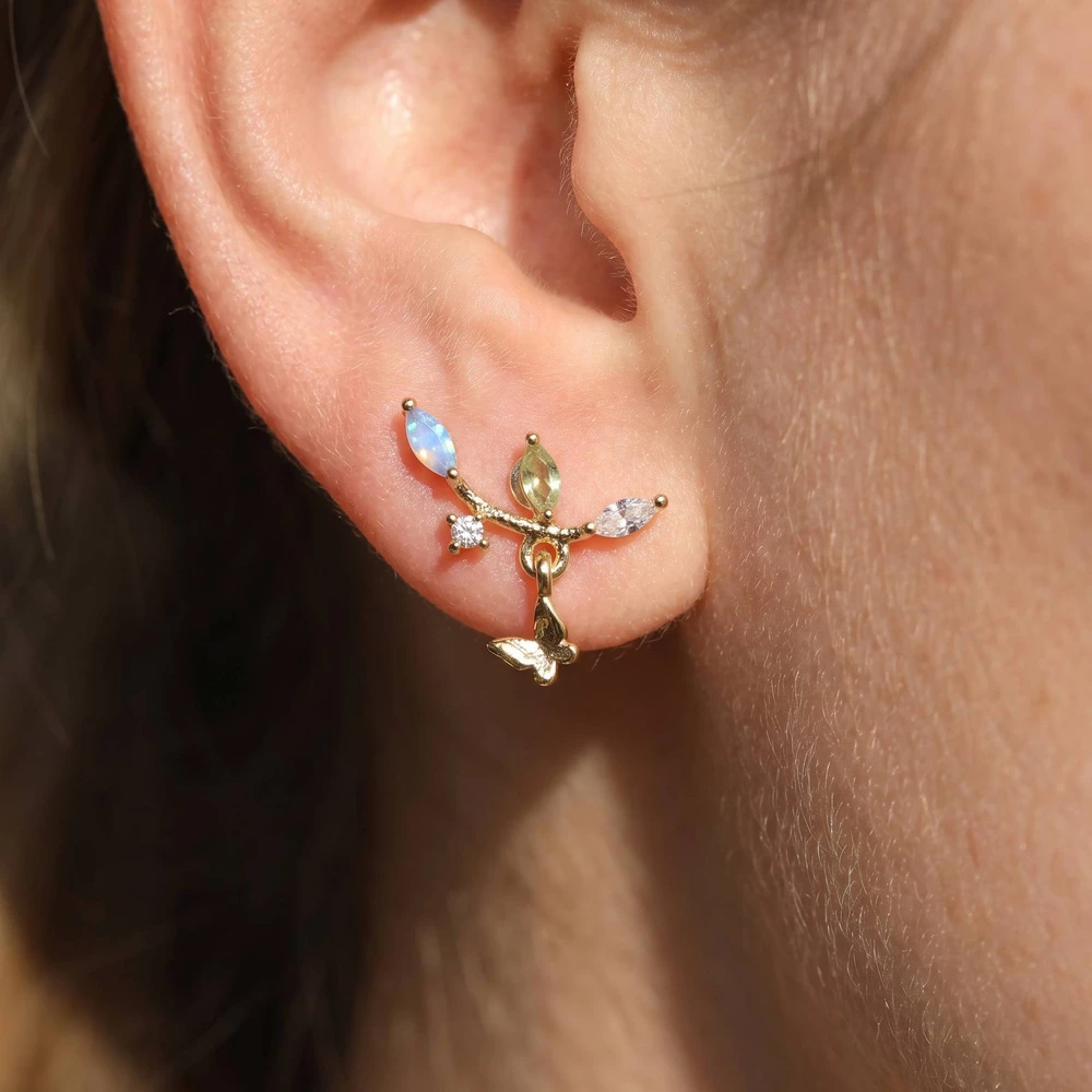 Cz Butterfly Charm Branch Dangle Earrings