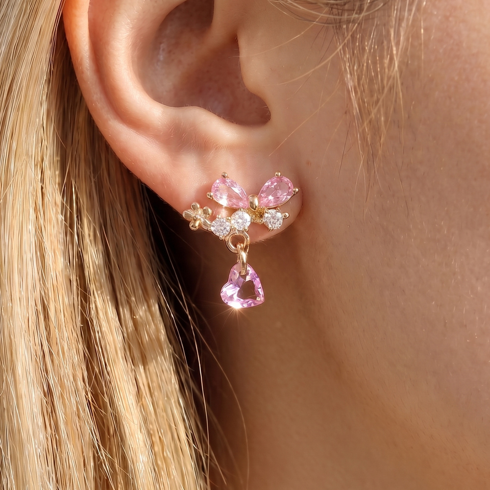 Cz Pave Butterfly Heart Drop Stud Earrings