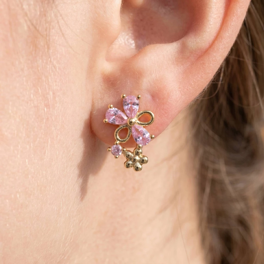 Cz Bow And Flower Cluster Stud Earrings