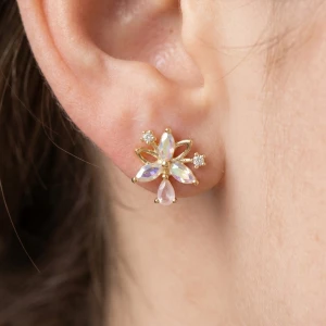 Gold Iridescent Cz Floral Spray Stud Earrings