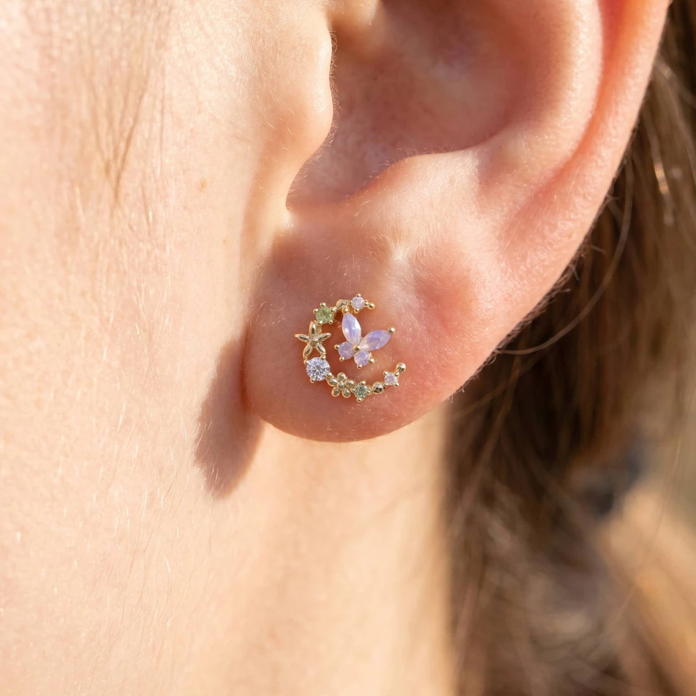 Cz Butterfly Crescent Moon Star Cluster Earrings