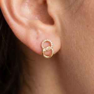 18K Gold Dipped Cz Pave Double Ring Stud Earrings