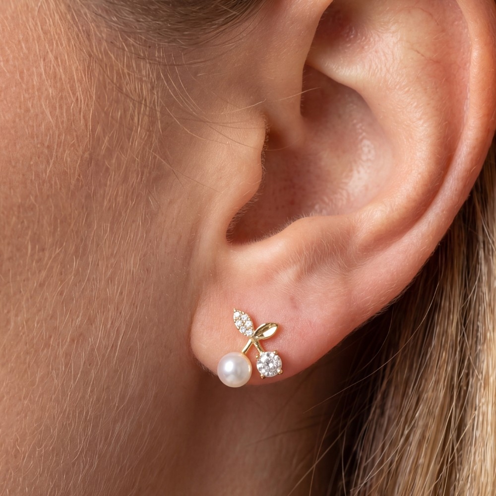 18K Gold Dipped Pearl Cherry Stud Earrings