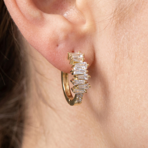 Staggered Baguette Cz And Plain Huggie Earring Set