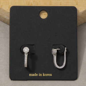 Pave Cz Stud And U Shape Huggie Earring Set