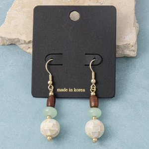 Wood Jade And Mosaic Shell Ball Drop Earrings
