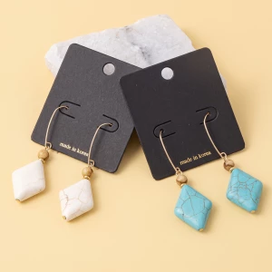 Diamond Shape Stone Bead Long Hook Earrings