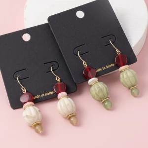 Carved Bone Ball And Jade Bead Drop Earrings