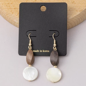 Wood Bead And Shell Coin Disc Drop Earrings