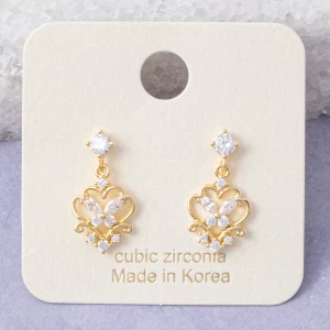 Gold Dipped Filigree Heart Butterfly Cz Drop Earrings