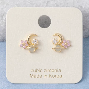 Gold Dipped Crescent Moon Planet Flower Stud Earrings