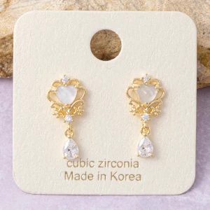 Gold Dipped Crown Heart Pear Cz Drop Earrings