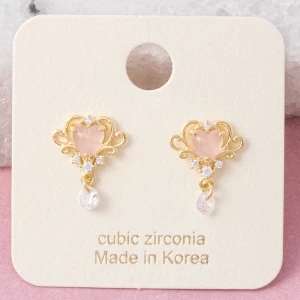 Filigree Scroll Heart Cz Charm Drop Earrings