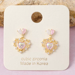 Gold Dipped Heart Wreath Cz Halo Drop Earrings
