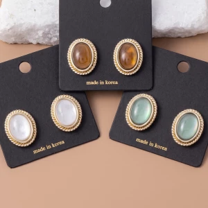 Iridescent Oval Cabochon Rope Bezel Stud Earrings