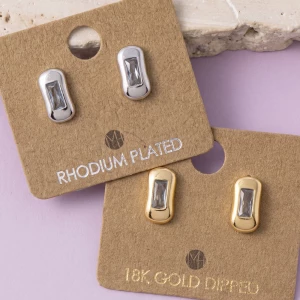 18K Gold Dipped Baguette Cz Puffed Stud Earrings