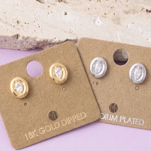 Domed Disc Stud Earrings With Oval Cz Center