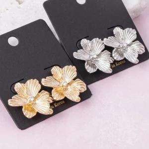 Textured Petal Flower Cz Center Stud Earrings