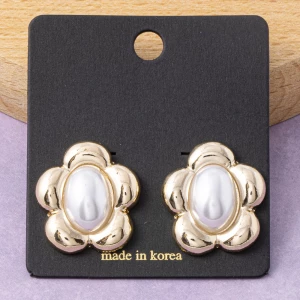 Puffed Petal Flower Oval Pearl Stud Earrings