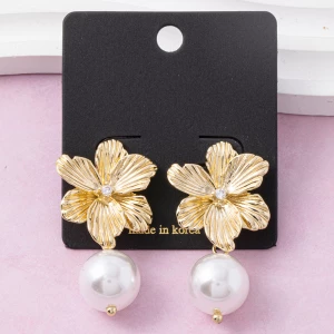 Textured Flower Cz Center Pearl Drop Earrings