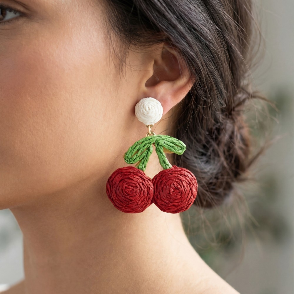 Raffia Cherry Stud Dangle Earrings