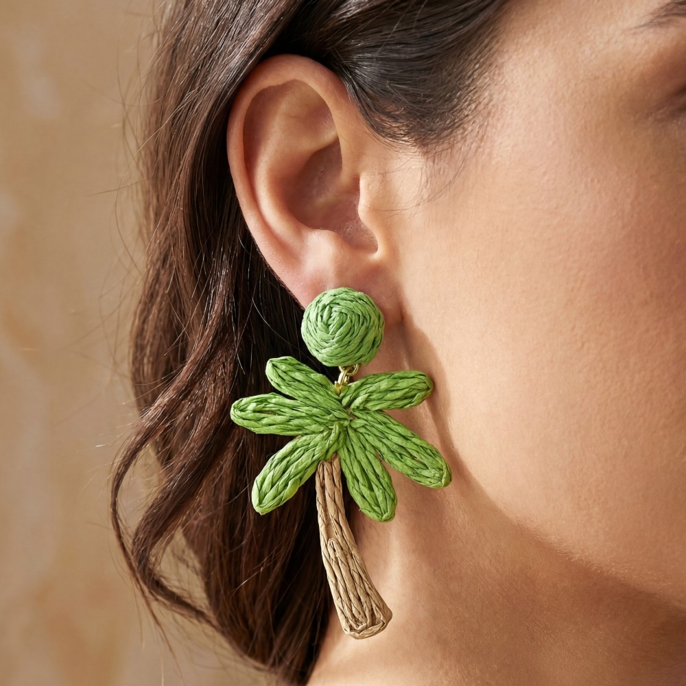 Raffia Palm Tree Stud Dangle Earrings