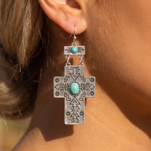 Turquoise Accent Aztec Cross Dangle Earrings
