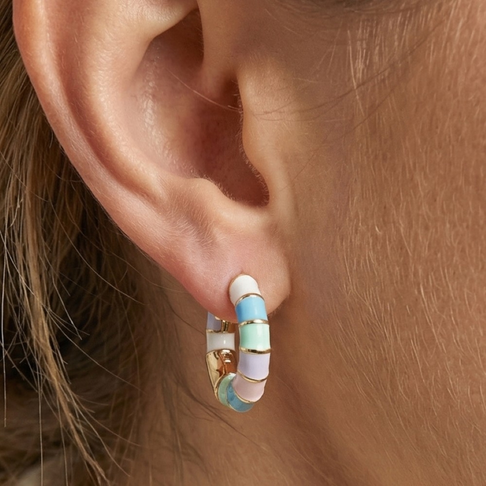 Multicolor Pastel Enamel Striped Huggie Hoop Earrings